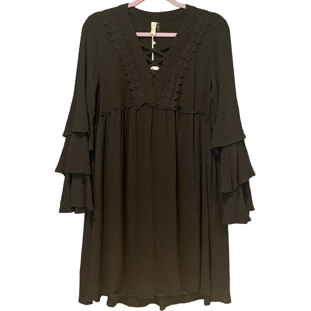 L Love Womens Flowy Dress Size S Black 100% Rayon Lined Lace-Up Neckline - Picture 6 of 11